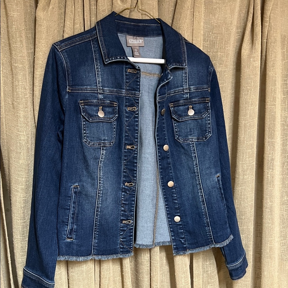 Chico's Dark Blue Denim Jacket with Button Placket